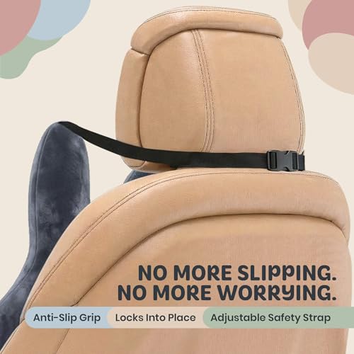 Image of Kids Car Sleeping Pillow, H-Shaped for Neck & Back Support, Grey Dog | Hands & Seat Belt Slot, Machine Washable & Compressible, Perfect for Car, Plane, Train, Boat & More
