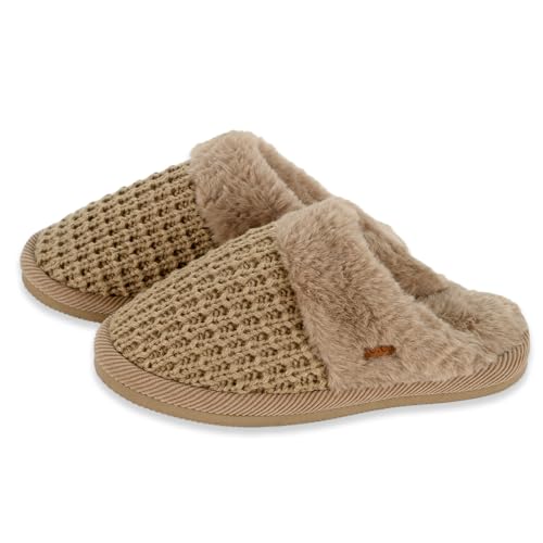 Image of C.C Pattern Knitted Slip-On Slippers With Faux Fur Lining Indoor-Outdoor House For Women, Waffle Mocha, 6-8