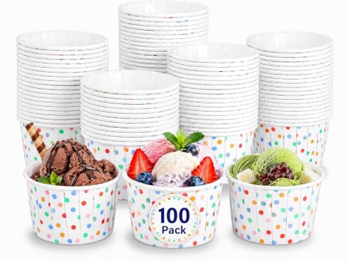 DOITOOL 100pcs Ice Cream Sundae Cups Paper Yogurt Dessert Bowls Polka Dot Ice Cream Treat Cups for Home Party Supplies (Colorful)