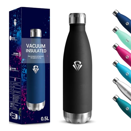 Botella Agua Acero Inoxidable, 500 ml Libre de BPA, Botella Termica, 18/8 Acero Inoxidable, Botellas de Agua, Aislamiento al Vacío de Boble Pared, Cantimplora para Cámping, Escuela, oficina - Negro