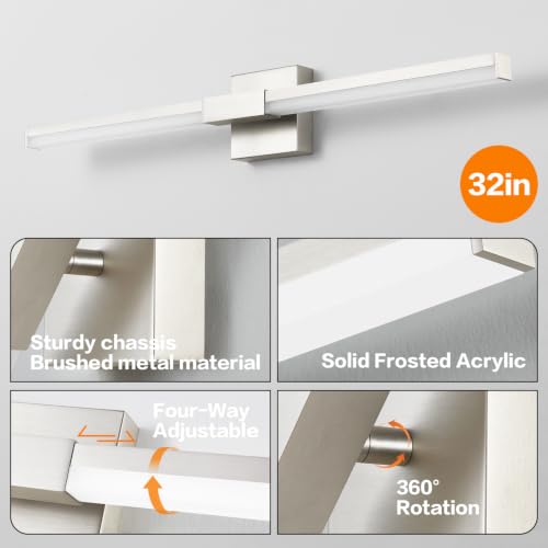 Image of SOLFART Vanity Lighting Fixtures Dimmable: Brushed Nickel 32-Inch Detachable 4-Way Light Direction Bathroom Light Fixtures Over Mirror ETL IP44