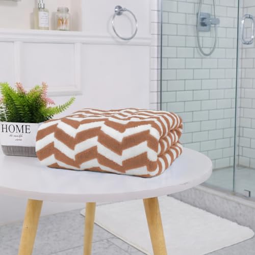 Image of LUXE HOME INTERNATIONAL Microfibre Bath Towel Chevron Pattern Super Absorbent Quick Dry Lightweight Soft Towels for Kids Boys Girls Adults 70x132cm Brown Pack of 1