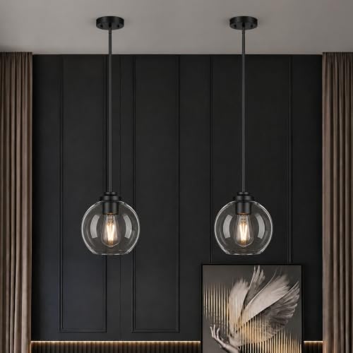 Image of MQMQA 2 Pack Globe Pendant Lights, Mid Century Matte Black Pendant Light Fixtures, Globe Pendant Lights Kitchen Island with Clear Glass Shade Hanging Fixture for Dining Room (Bulbs not Included)