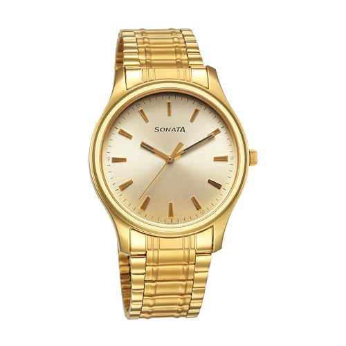 Sonata Traditional Essentials Quartz Analog Champagne Dial Stainless Steel Strap Watch for Men-77082YM11 (B0CY5BTBYY) Amazon Price History, Amazon Price Tracker