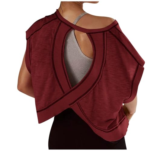 Camiseta de lino para mujer, cuello redondo, manga corta, casual, para verano, yoga, gimnasio, entrenamiento, correr, espalda abierta, camiseta básica y cómoda, Vino, XL