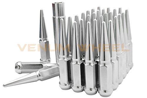 Venum Wheel Accessories (24) Chevy Silverado Spike Lug Nuts 14X1.5 Thread Pitch 4.5" Tall Solid Spike Metal Lug Nuts Fits Escalade Avalanche Sierra 1500 (Chrome) #TOP3
