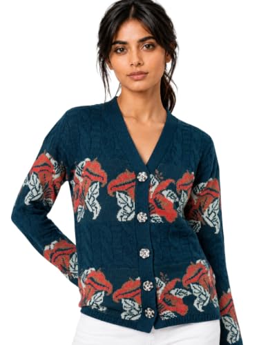Image of Kalt Women Sweater for Winter Woolen Acrylic Full Sleeves V Neck Floral Design Cardigan Sweater for Women