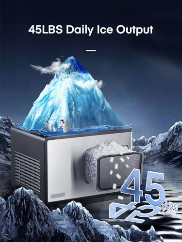 Nugget Ice Maker Countertop, 45lbs/24H, Pebble Ice Maker with Soft Chewable Ice, Self Cleaning Sonic Ice Machine, Stainless Steel, Touch Screen, Compact Design for Home Office Party - Silver