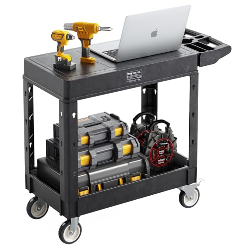 VEVOR Werkzeugwagen, 250 kg Tragkraft, Werkstattwagen, Mehrzweckwagen aus Kunststoff mit Zwei Ablagen & 360°-Lenkrollen (2 mit Bremse), geeignet für Lager, Garage, Reinigung, 1015x450x850 mm