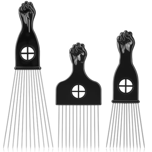 3 Pack Afro Hair Picks for Men and Women Cpoxixt Metal Afro Comb Picks for Natural Curly Hair Styling Fist Design(Black)