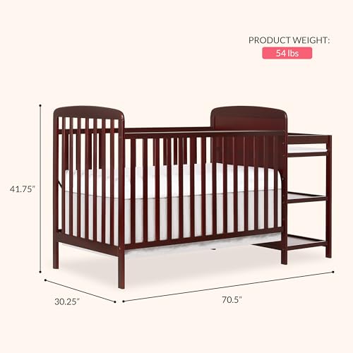 Image of Dream On Me Anna 3-in-1 Convertible Full-Size Baby Crib & Changer with Storage in Cherry, GreenGuard Gold & BSA, Pinewood, Converts to Day & Toddler Bed, 3 Mattress Heights, 1″ Changing Pad