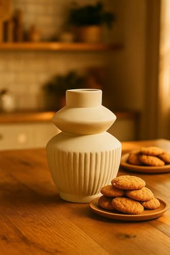 Image of SPHINX Ribbed Ceramic Vase for Home Decor | 6 Inch Matte Ivory Textured Flower Pot | Modern Nordic Style Table Vase for Living Room, Office & Bedroom Decoration