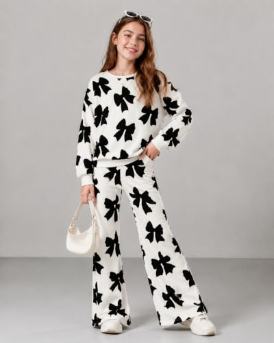 Image of Tween Girls Clothes Long Sleeve Graphic Sweatshirt Top + Bow Knot Pants 2 Piece Outfit Set, Size 7-16Years