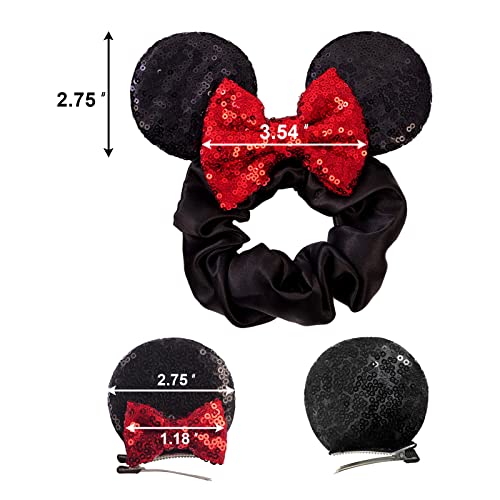 Poise3Ehome 1Pc Minnie Mouse Ears Handband For Women Adult Mom - 2Pcs Mouse Ear Hair Clips For Kids Girls - 1Pc Mouse Ears Scrunchies With Sequin Bow For Ponytail Birthday Princess Party Christmas, Black & Red #TOP4