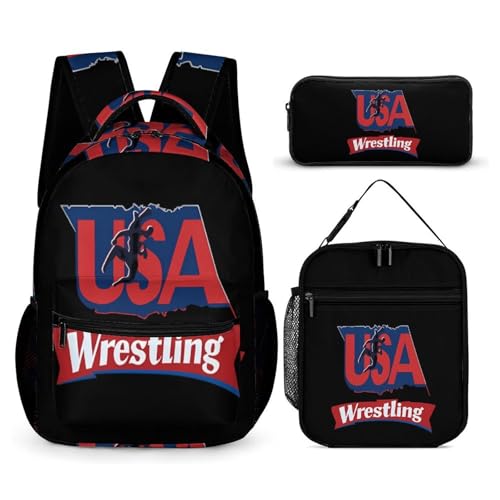 U.S.A And Wresting 3 PCS Backpack Set Casual Daypack with Insulated Lunch Bag & Pencil Case