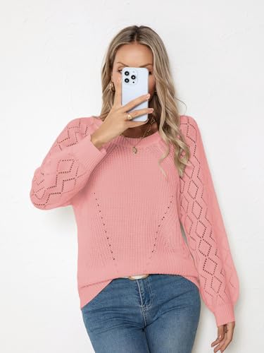Image of Libsorge Womens Cute Crochet Knit Hollow Out Sweater Fall 2024 Lightweight Ribbed Crewneck Long Sleeve Pullover Top