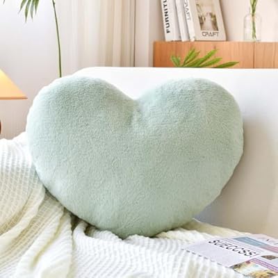 XVTRU Soft Heart Shaped Pillows, Cute Sage Green Heart Decorative Pillow, 12.9"x9.8" Heart Plush Cushion, Faux Rabbit Fur Room Decor Throw Pillow for Couch Bed Women Valentine's Day Xmas Gift