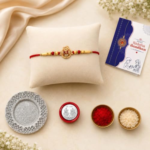Image of Oblivion Rakhi Set for Brother - Designer Om Rakhi for Brother with Silver Colour Pooja Thali, Pooja Coin, Roli Chawal & Card | Gift Hamper for Raksha Bandhan