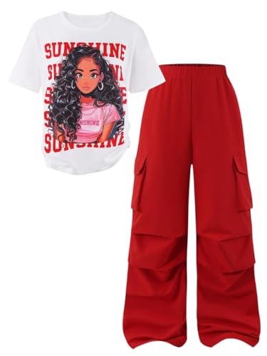Image of Tween Girls Clothes Short Sleeve Graphic T-Shirt Top + Cargo Pants 2pcs Outfit Set, Size 7-15Years