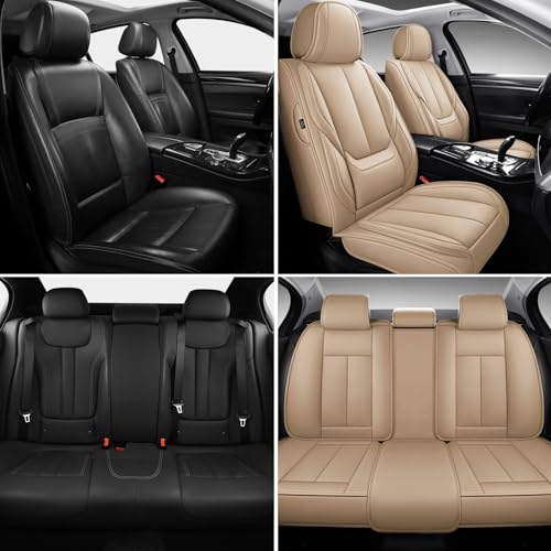 Image of MINGBRON Car Seat Covers Full Set,Black Beige Car Seat Cover, Car Seat Protector Waterproof, Nappa Leather Car Seat Cushion, Fit for Most Cars