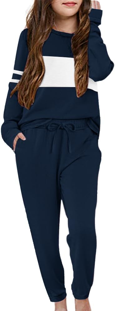 Arshiner Girls' Clothing Sets Sweatsuits Long Sleeve Color Block Pullover Sweatshirts and Lounge Pants with Pocket