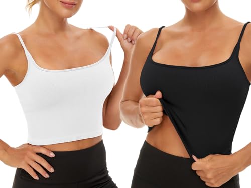 Image of Chilylori Seamless Sports Bra Cropped Tank Top with Adjustable Strap 2 Pack | Workout Tops Ribbed Sports Bra for Women Wireless Longline Crop Tank Padded Comfortable Brami