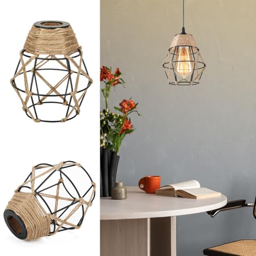 Image of 3 Pack Industrial Hemp Rope Pendant Lamp Shade, Small Vintage Boho Hanging Light Shades, Mini Rustic Metal Cage Lampshade for E27 Chandelier Wall Sconces Ceiling Hanging Pendant Light Fixture