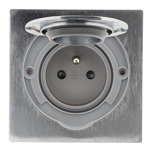 Zenitech - Prise de Sol 16A 2P+T - Aluminium Brossé - IP55, Clapet Aimanté, Câblage Rapide, Fixation Vis, Boîte encastrement, Joints Étanchéité - Terrasse/Bureau