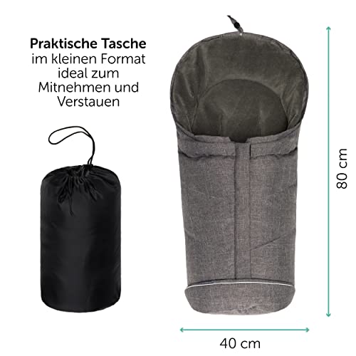 Zamboo Universal Fußsack Daunen für Babyschale und Babywanne - Winterfußsack für 3- oder 5-Punkt-Gurt, extra leicht und warm, mit Kapuze und Tasche - Grau