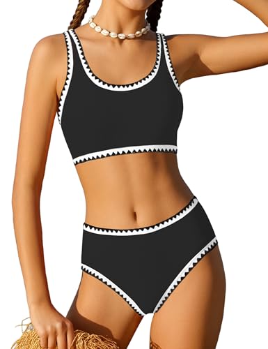 WIQI Girls Swimsuit Bikini Set 2 Piece Bathing Suit Cute Sporty Color Contrast Trim Kids Girls' Swimwear Size 10 Size 9 Black