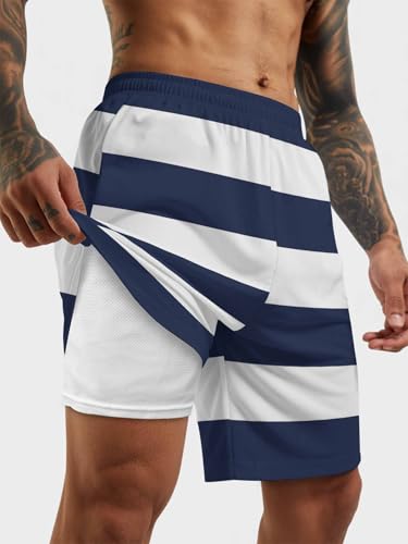 Mens Swim Trunks with Compression Liner,Nautical Navy BlueWhite Stripes Men's Inseam Board Shorts Quick Dry Bathing Suit2