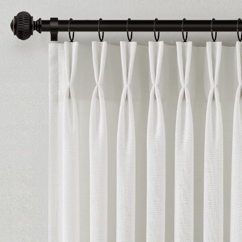 Pinch Pleated Linen Curtains 90 Inches Long Semi Sheer 2 Panels Beige White