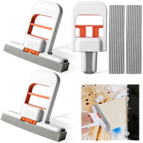Juome 3Pcs Mini Foldable Desktop Mop - Portable Self-Squeeze Sponge Cleaning Tool Wet and Dry Use Cleaning System Mini Mop for Kitchen Counter Bathroom Glass (5 Sponge Head + 3 Squeeze Handle)
