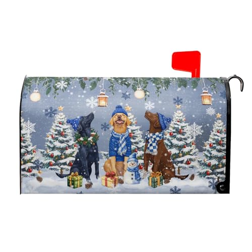 Image of Winter Dog Magnetic Mailbox Cover, 25.5x21 Inch Christmas Puppy Tree Snowman Decorative Waterproof Mailbox Wrap Letter Post Cover Large Size for Garden Yard Outdoor Season Outside
