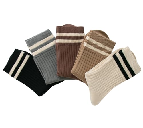 Image of Deeorla Womens Striped Crew Socks Brown Vintage Retro Athletic Socks 5 Pairs