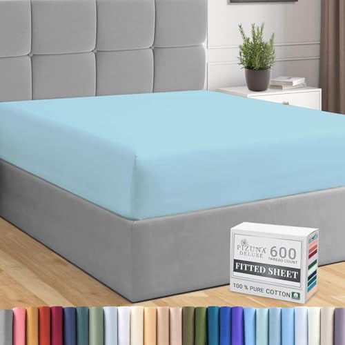 Pizuna Pure Combed Cotton Fitted Sheets Double Baby Blue, 600 Thread Count 100% Long Staple Cotton Fitted Bed Sheets Double 140x200 cm, Sateen Weave 40 cm Deep Fitted Sheets 1 PC Baby Blue