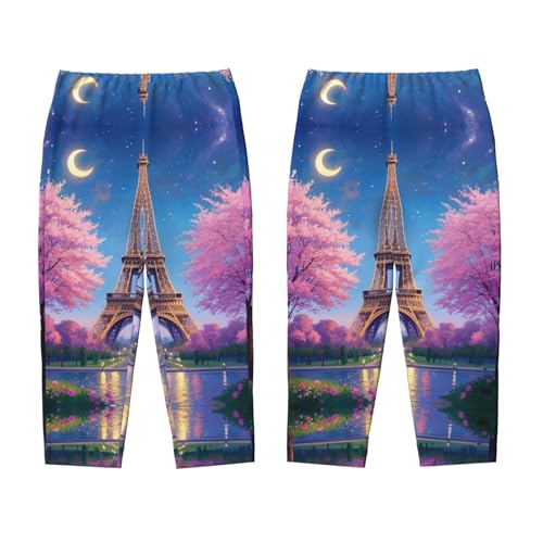 Pajama Pants Pajama Bottoms with Elastic Waistband Sleepwear Lounge Pants, Eiffel Tower Cherry Blossom Moon3