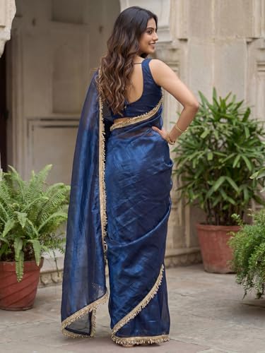 Image of AKHILAM Women's Shimmer Net Solid Saree With Unstitched Blouse Piece