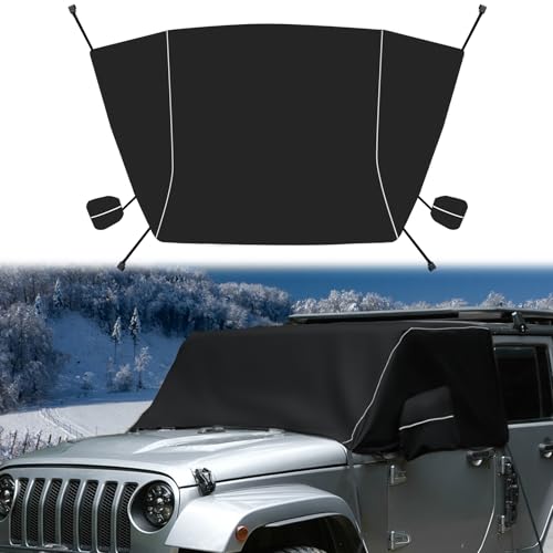 Image of Windshield & Front Side Window Snow Cover Compatible wirh Jeep Wrangle JK 07-18, 600D Oxford Cloth Windshield Cover with Mirror Cover for Sun, Rain, Snow, Sand, Dust, Leaves, Branches Protector