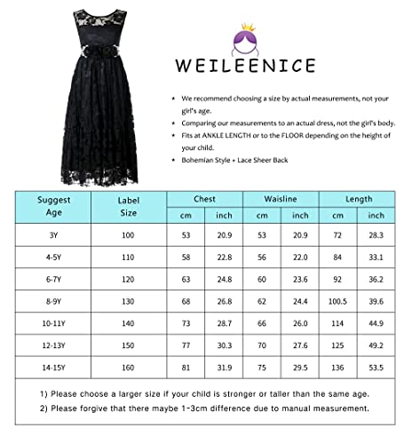 Weileenice Boho Black Flower Girls Lace Dress 4 5 Kids Wedding Bridesmaid Pageant Ceremony Ball Gown Little Girl Princess Costume Holiday Fancy Semi Formal Maxi Funeral Dresses Christmas Photo Shoot #TOP2