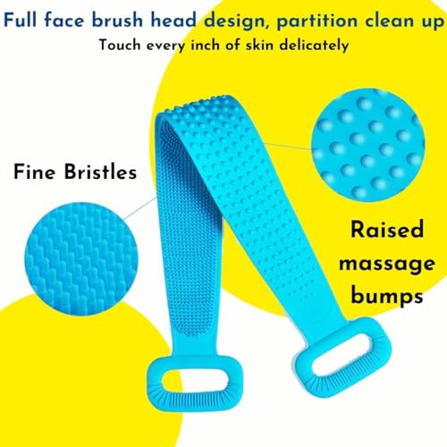 BeeDuck Silicone Body Back Scrubber Double Side Bathing Brush for Skin Deep Cleaning Massage, Dead Skin Removal Exfoliating Belt for Shower, Easy to Clean for Men & Women (Blue) - Image 3