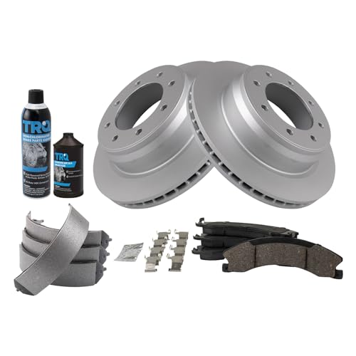 Image of TRQ Rear Brake Pad & Rotor Kit, with Chemical Kit Parking Brake Shoe Set Ceramic Premium G-Coated Compatible with 2012-2019 Nissan NV1500 NV2500 NV3500