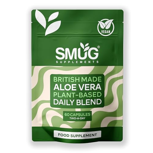 SMUG Supplements Aloe Vera - 60 Capsules - High Strength Natural Herb to Support Colon Cleanse and Detox - Two-a-Day - Equivalent to 12000mg Leaf Juice - Made in Britain