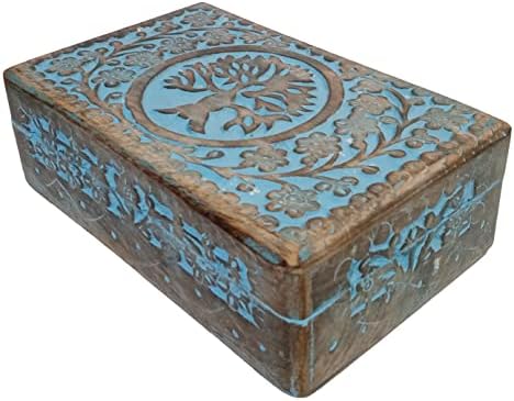 Purpledip Wooden Handcarved Box 'Tree of Life': For Jewelry, Trinkets, Cards, or Tea Bags, Vintage Blue (12235A)