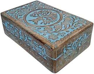 Purpledip Wooden Handcarved Box 'Tree of Life': For Jewelry, Trinkets, Cards, or Tea Bags, Vintage Blue (12235A)