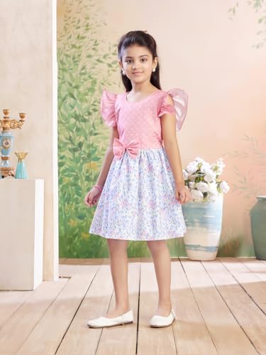 Image of Aarika Girls Casual Wear Firozi Colour Polka DotFloral Print Cotton Blend Frock