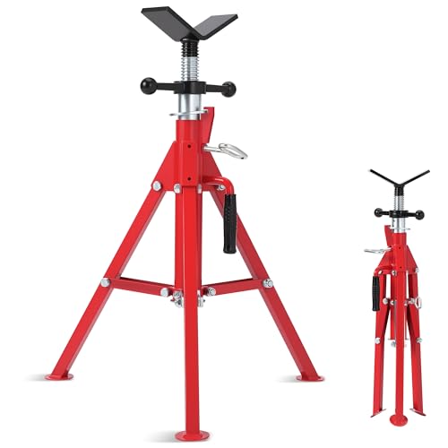 Image of WARMTOBABY V-Head Heavy-Duty Pipe Jack Stand Adjustable Folding 27 to 52 Inches Adjustable Height 1/8"-12" Wide Pipe Capacity 2500 lbs Load Capacity Folding Legs for Welding Threading Hole Cutting