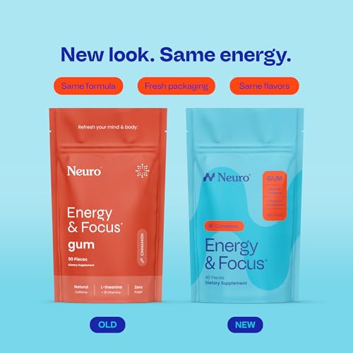 Image of Neuro Energy & Focus Gum - Caffeine Gum with 40mg Natural Caffeine & L-Theanine - Nootropic Energy Supplement with B Vitamins - Sugar Free, Vegan - Cinnamon, 90ct
