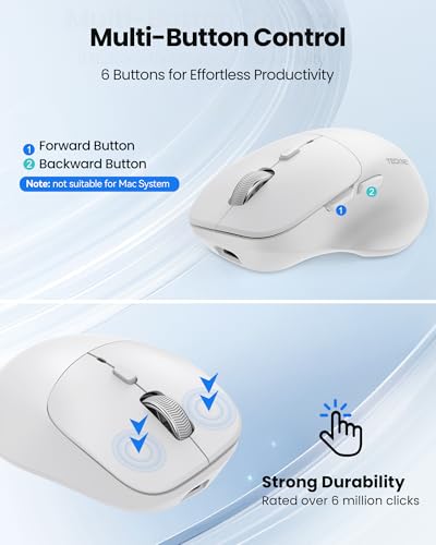 Image of TECKNET Wireless Mouse Bluetooth 5.0 /3.0 & 2.4G Rechargeable, Silent Clicks, Adjustable 4800 DPI, 6 Buttons, Ergonomic Design, Bluetooth Mouse for Laptop, Computer, ipad - White