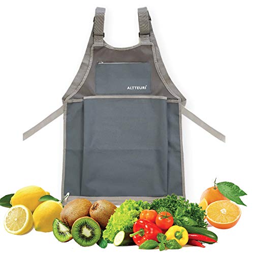 AltteURI Garden Picking Bag Apron Storage Pouch with Zipper Pocket for Fruit,Vegetable, Harvest,Herbs/Adjustable Size, Grey,Women, Men